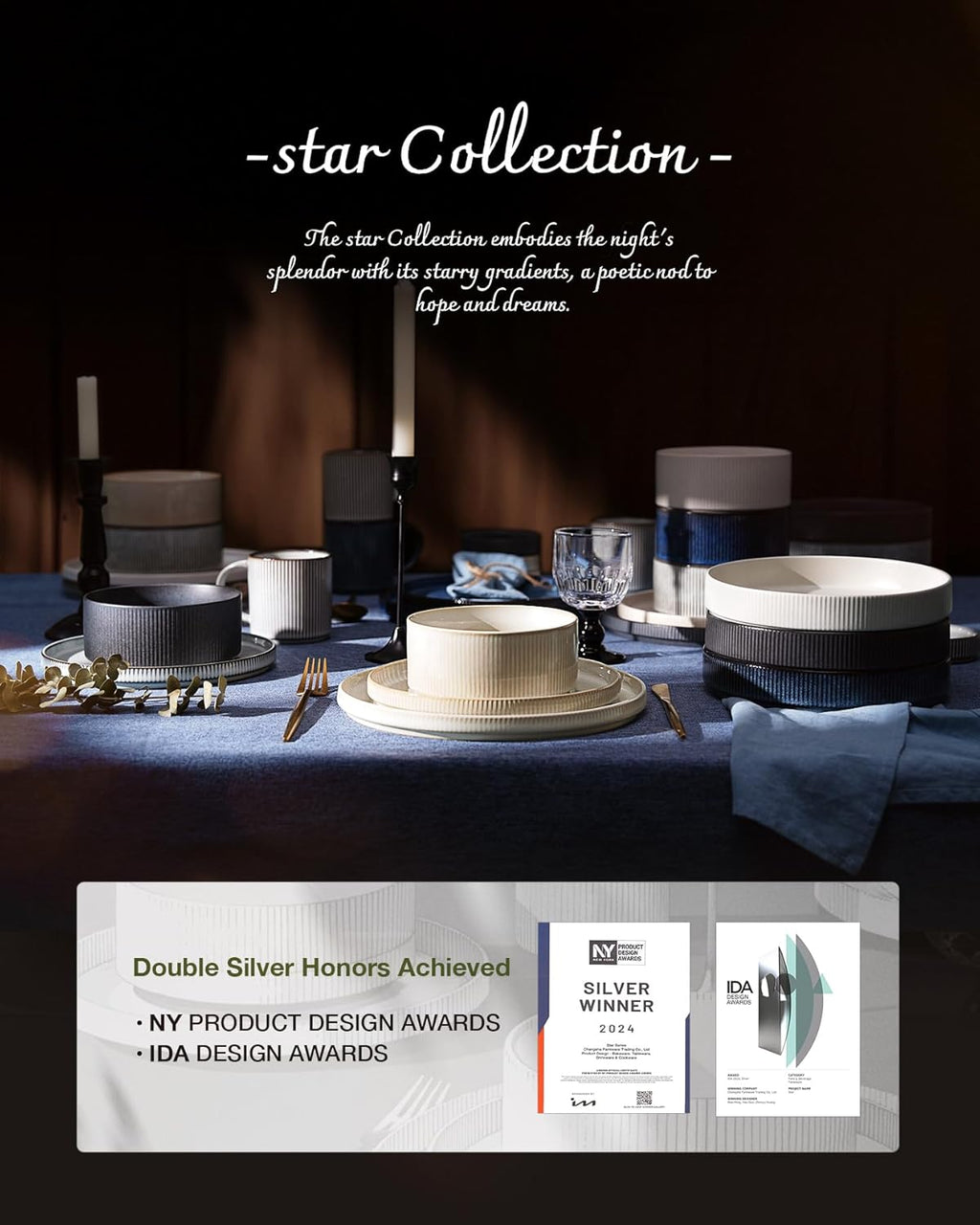 Famiware Star 24-Piece Stoneware Dinnerware Sets with Trim, Service for 6 - Ceramic Mugs, Plates, Bowls, Dishes for Everyday/Party/Formal Use, Chip/Scratch Resistant, Microwave/Dishwasher Safe, Cream