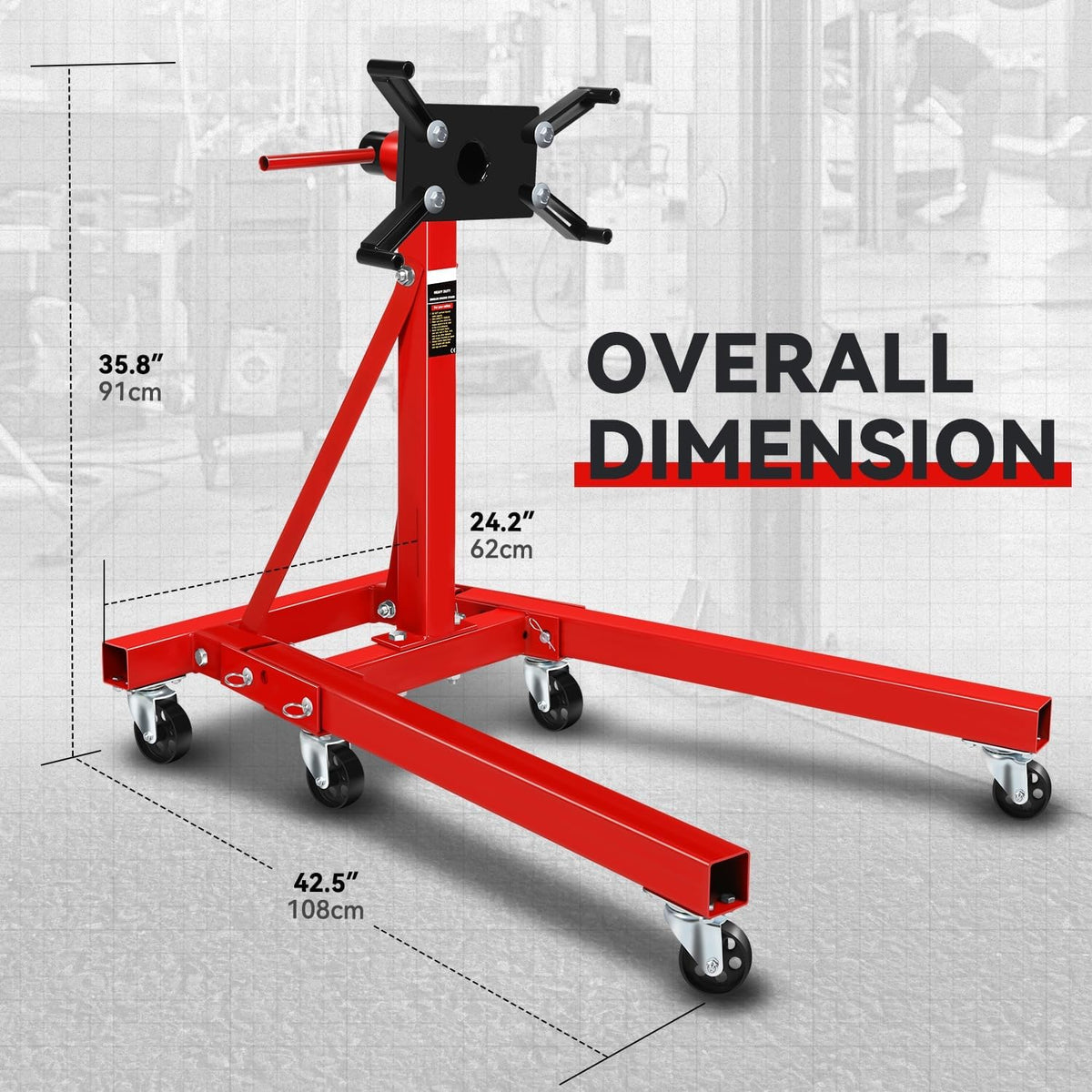 Auto Dynasty Foldable Engine Stand 2000Lb Capacity 360 Degree Adjustable Head Mobility with 4 Adjustable 6 Caster Wheels Arms for Garage, Auto Repair, Red