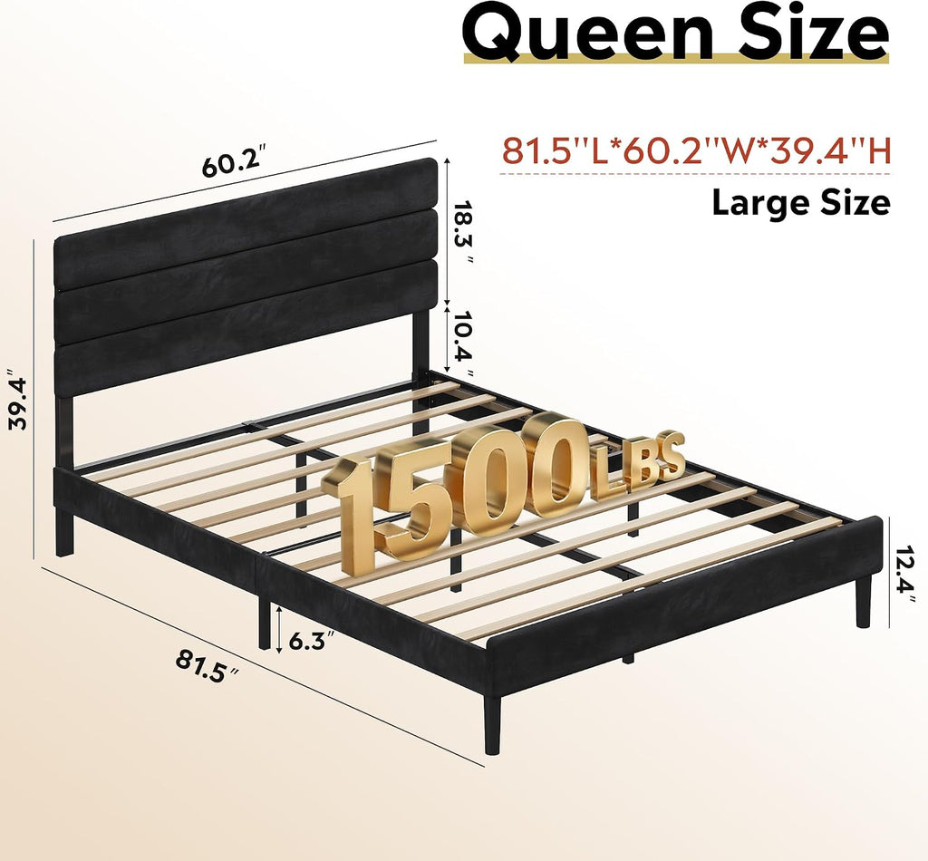 WLIVE Upholstered Bed Frame, Queen Bed Frame with Headboard, Platform Bed with Wood Slats, 1500LBS Mattress Foundation, No Box Spring Needed, Easy Assembly, Velvet Black