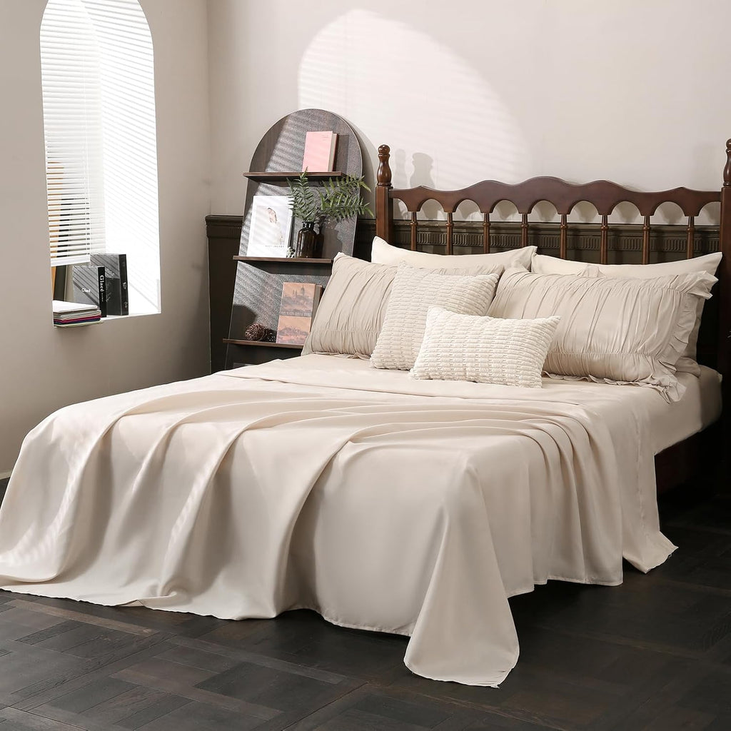 Herside Beige Comforter Set King Size,Ruched Boho Bedding 9-Piece Bed-in-a-Bag for All Seasons,Fluffy Farmhouse Ruffle Bedding Set with Comforter, Flat Sheet, Fitted Sheet, Pillow Shams, Pillowcases