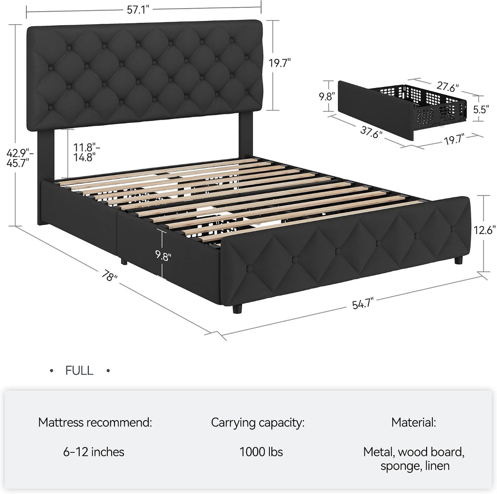 GarveeHome Full Size Bed Frame with 4 Storage Drawers and Adjustable Headboard, Linen Upholstered Platform Beds, Diamond Stitched Button Tufted, No Box Spring Needed, Black