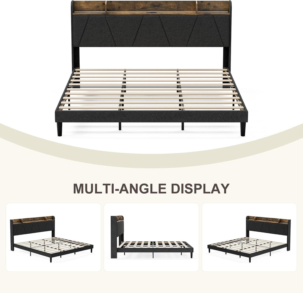 IKIFLY King Bed Frame with Charging Station & Storage Shelf, Upholstered LED Platform Bed Frame, Solid Wood Slats, No Box Spring Needed, Black