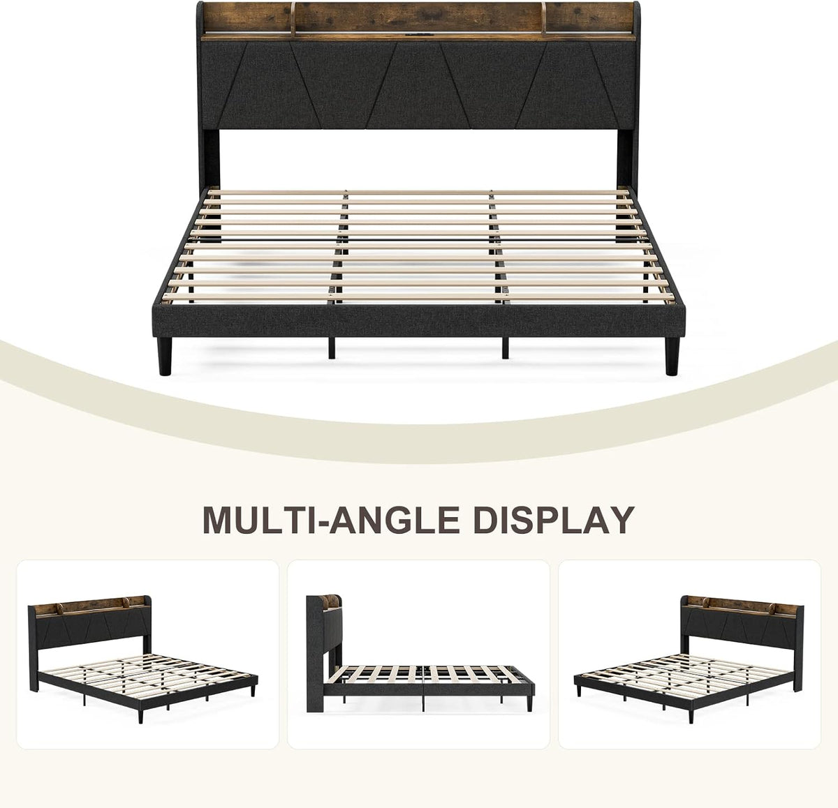 IKIFLY King Bed Frame with Charging Station & Storage Shelf, Upholstered LED Platform Bed Frame, Solid Wood Slats, No Box Spring Needed, Black