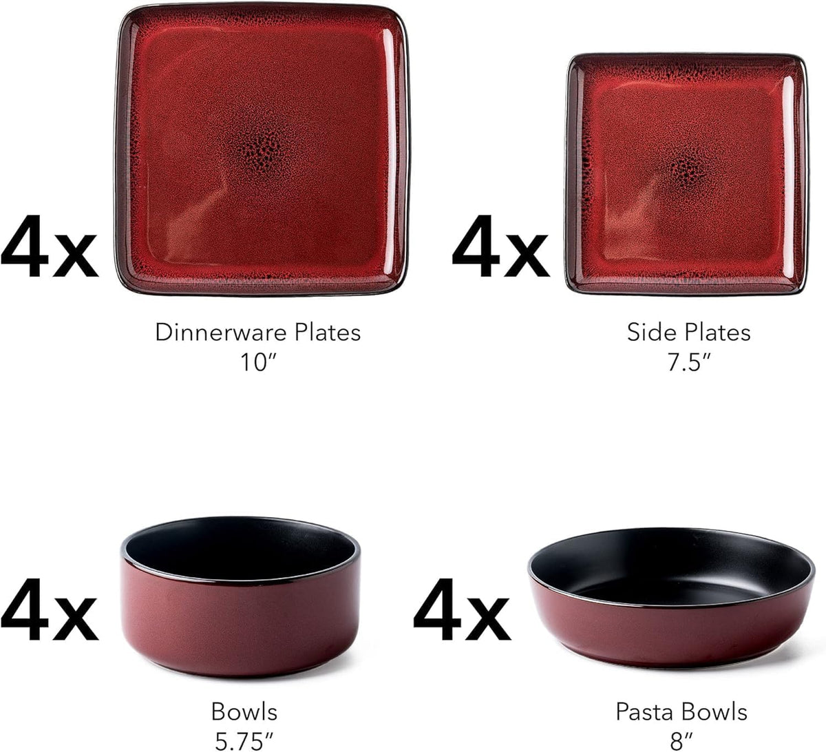FLACKAR Square Stoneware 16pc Double Bowl Dinnerware Set for 4, Dinner Plates, Side Plates, Cereal Bowls, Pasta Bowls - Reactive Glaze Red (480349)