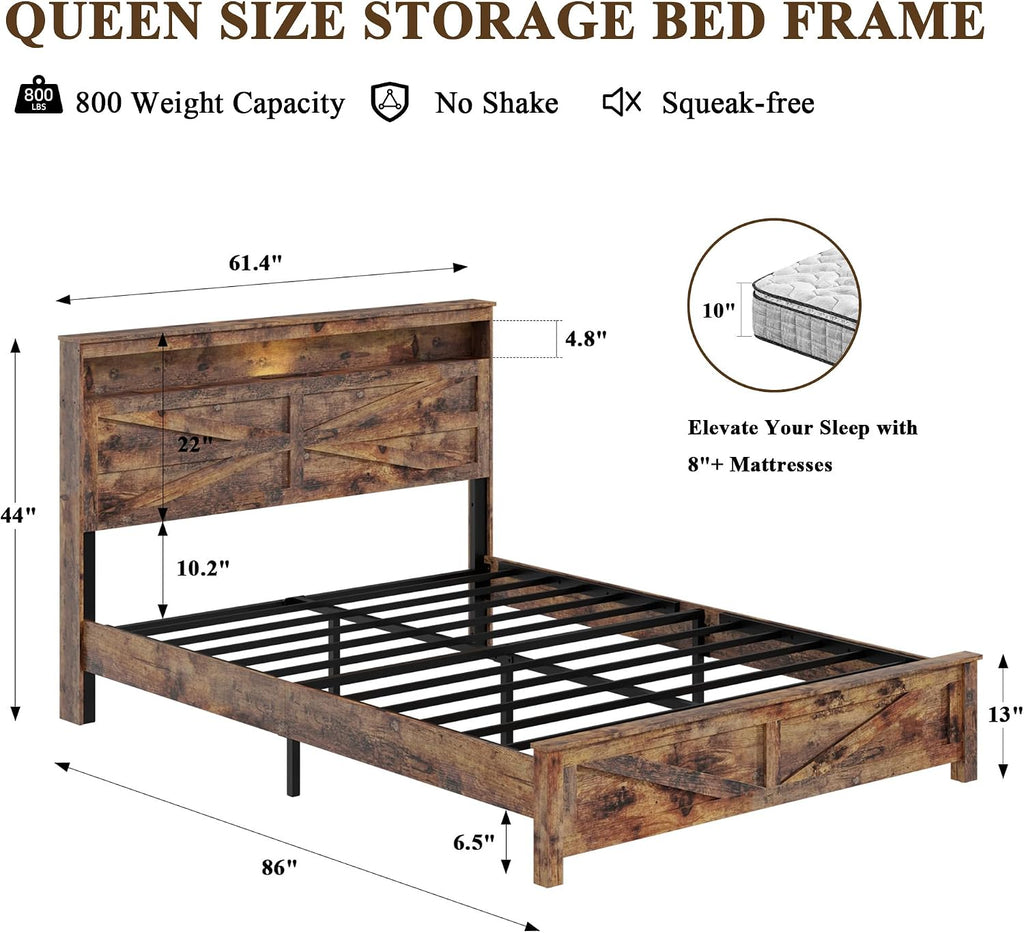 Farmhouse Queen Size Bed Frame with Storage Headboard, Wooden Platform Bed Frame with LED Lights & Charging Station, Rustic Brown Metal Bed, No Box Spring Needed, Noise-Free Sturdy Structure