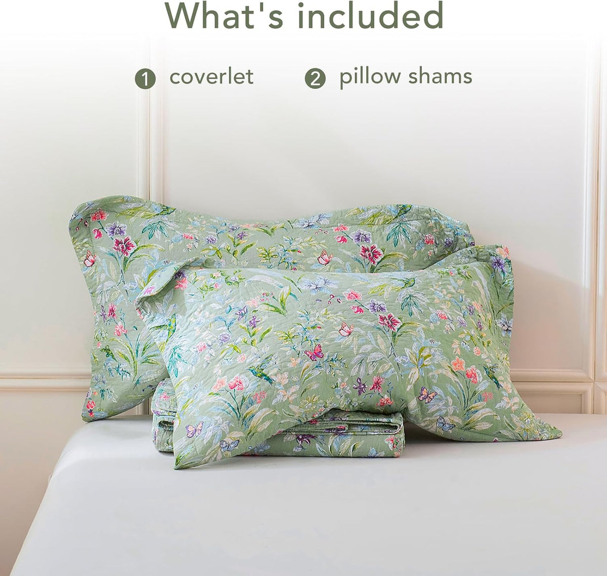 Lady Ann 100% Cotton Floral Cal King Quilt Set - Green Flower Bird Butterfly Pattern Print Quilted 118x106 Bedspread & Coverlet Set, 3 PCS Lightweight Extra Soft King Bedding Sets All Season