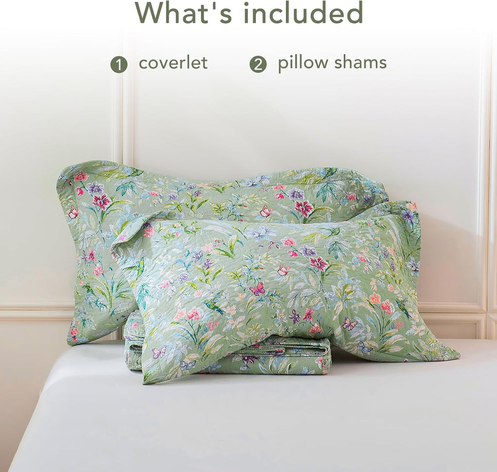 Lady Ann Oversized Cal King Bedspreads 120x120 for Extra Bed, Green Flower Bird Butterfly Print Botanical Bedding, Lightweight 100% Cotton Quilted Coverlet Set with Pillow Shams for All Season, 3 PCS