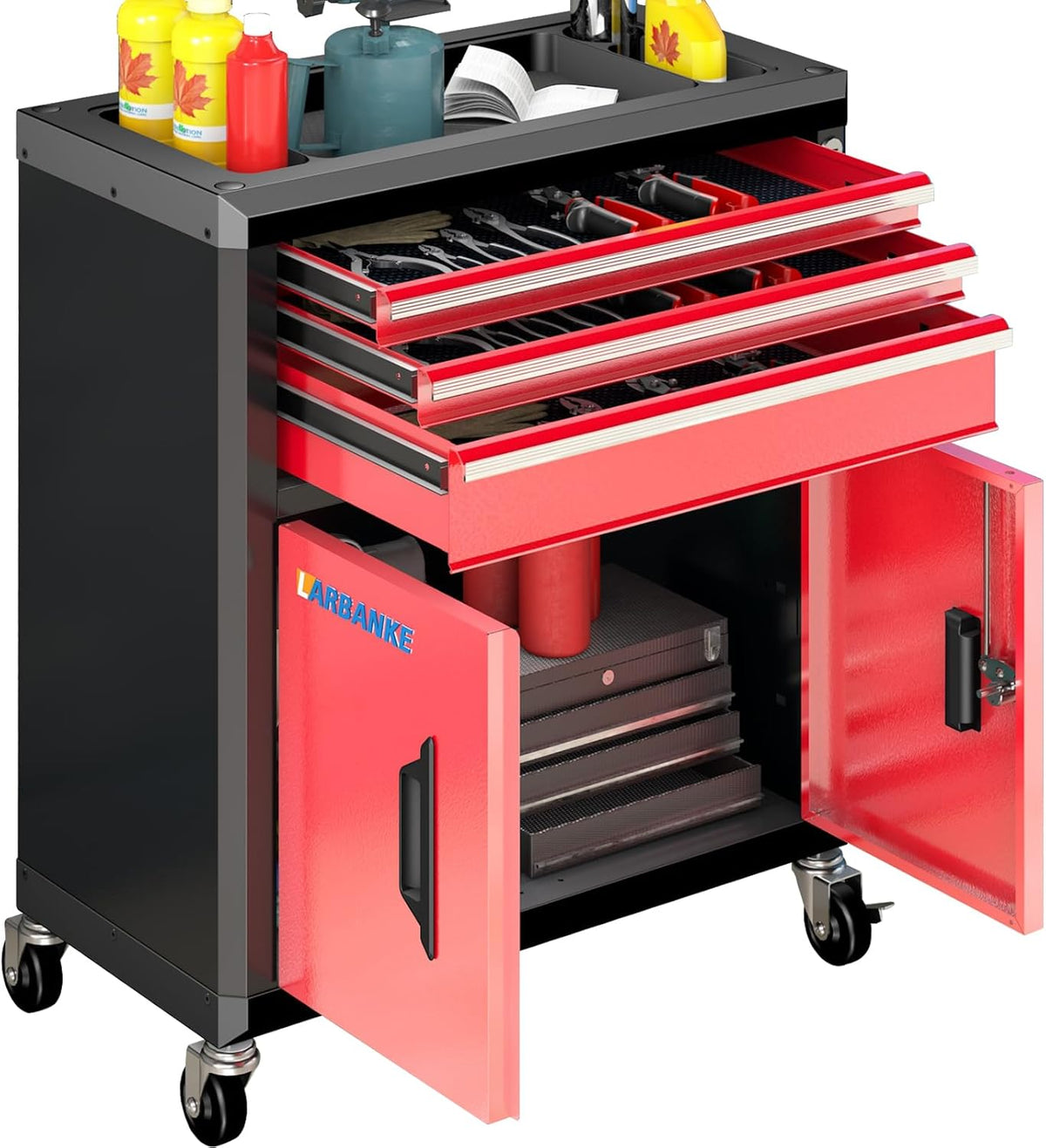 LARBANKE Rolling Tool Chest with 3 Drawers&2 Doors,Tool Chest with 360° Swivel Wheels and Lock&Keys,Tool Cabinet with Drawer Liners and Connecting Rods for Stacking with Other Drawer Chest