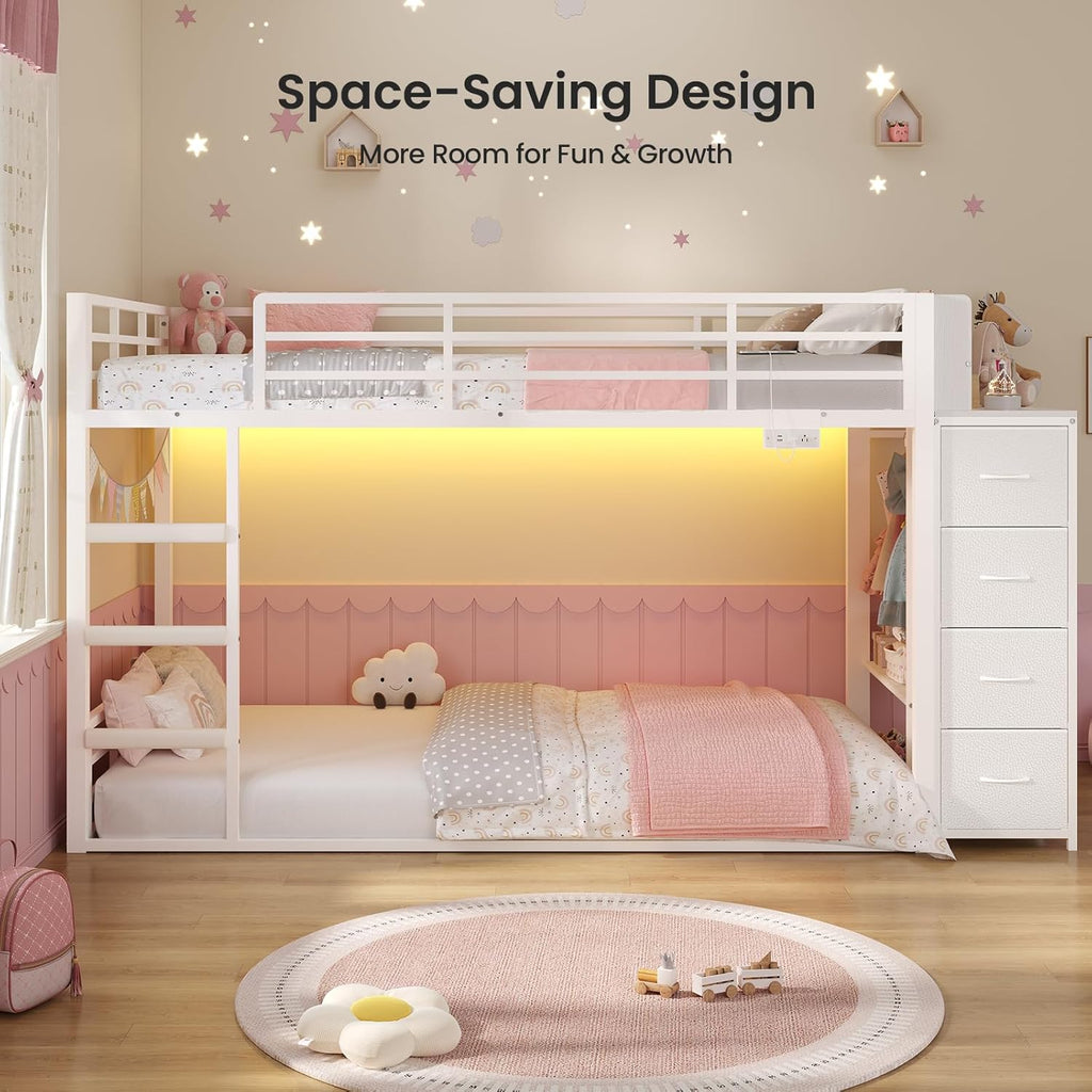 ADORNEVE Low Bunk Bed Twin Over Twin with Bookshelf, 4 Storage Drawers, Metal Kids Bunk Bed with Power Outlet & RGB Lights, Clothing Rack & Shelves, Safety Guardrail & Ladder, White