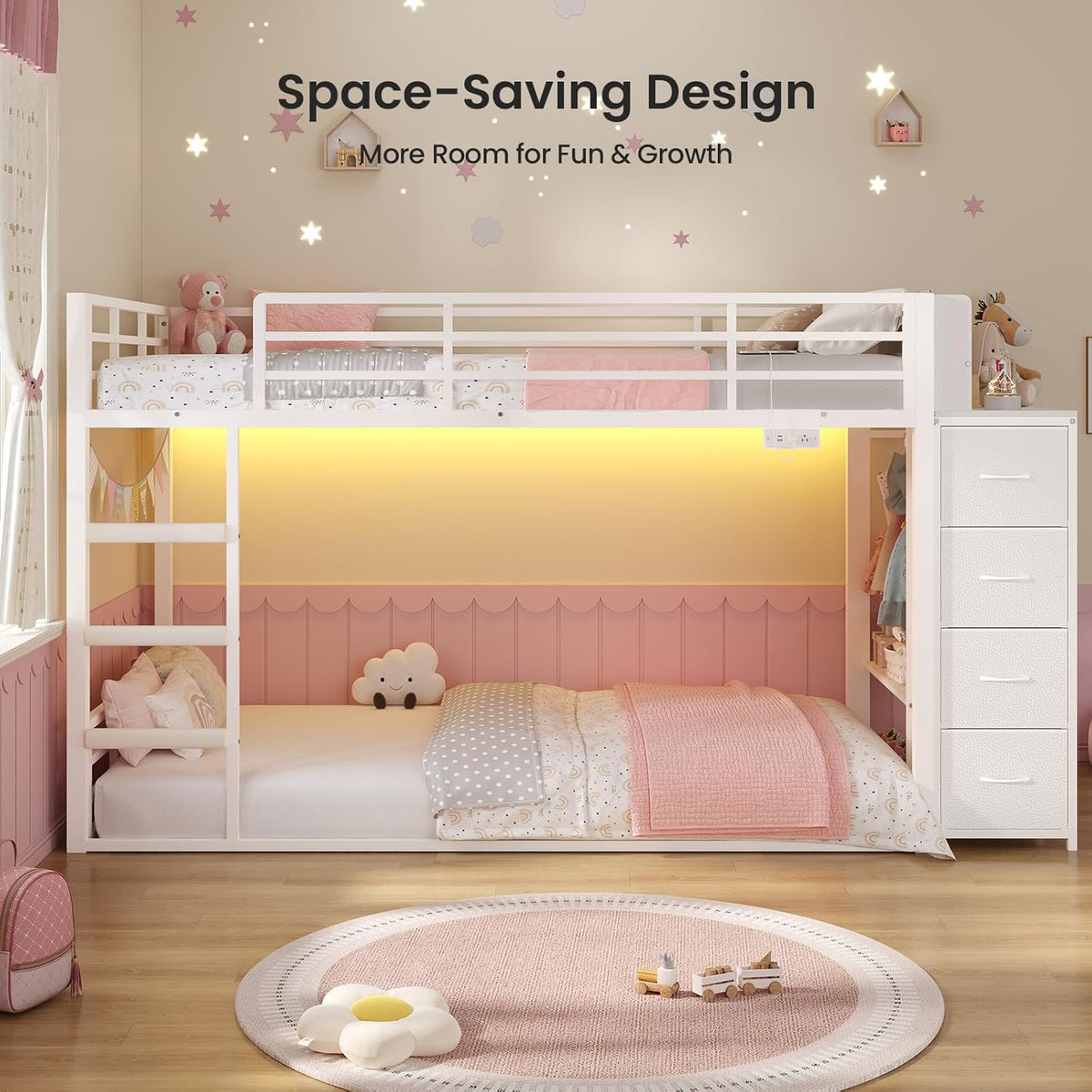ADORNEVE Low Bunk Bed Twin Over Twin with Bookshelf, 4 Storage Drawers, Metal Kids Bunk Bed with Power Outlet & RGB Lights, Clothing Rack & Shelves, Safety Guardrail & Ladder, White