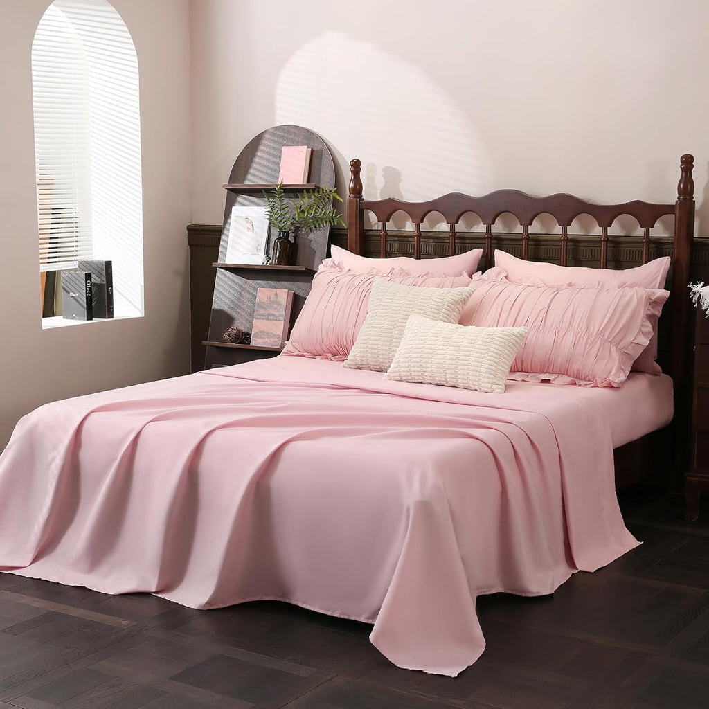 Herside Pink Comforter Set Queen Size,Ruched Boho Bedding 9-Piece Bed-in-a-Bag for All Seasons,Fluffy Luxury Ruffle Bedding Set with Comforter, Flat Sheet, Fitted Sheet, Pillow Shams, Pillowcases