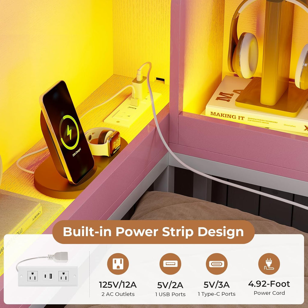 VIAGDO Corner Bed Frame Full with Storage Bookcase and 6 Drawers, Metal Platform Corner Bed Frame with LED Lights and Charging Station, Full Daybed for Kids Teenagers, Pink