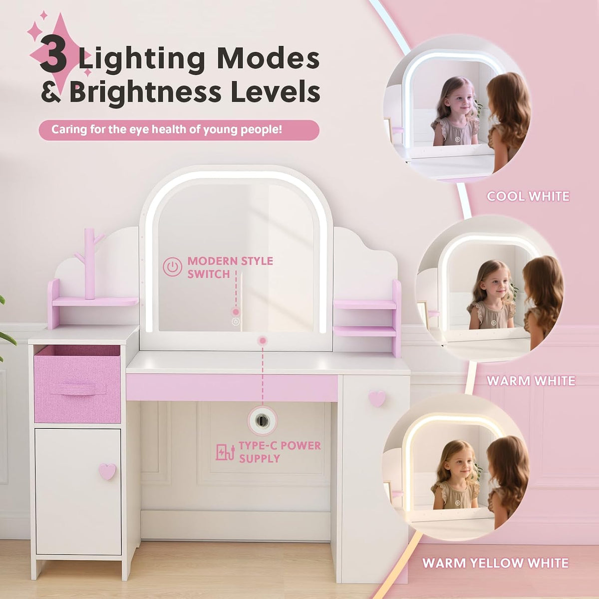 Frogprin Kids Vanity with Lights and Chair, Princess Makeup Vanity Desk with Mirror Bookshelf Storage Cabinet,3 in 1 Toddler Vanity Table Makeup Dressing Table, Pretend Play Vanity Set for Little Girl