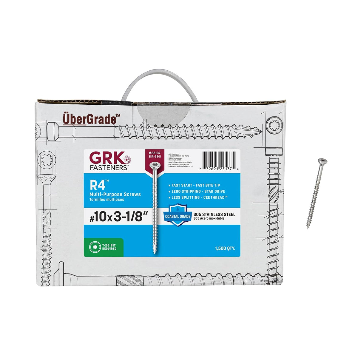 GRK Fasteners R4™ 305 Stainless Steel #10 x 3-1/8 Inch Outdoor Screws, 1500 PCS, Extreme Corrosion Resistant, Coastal Structures, Fast Bite Tip, Star Drive Recess, Steel