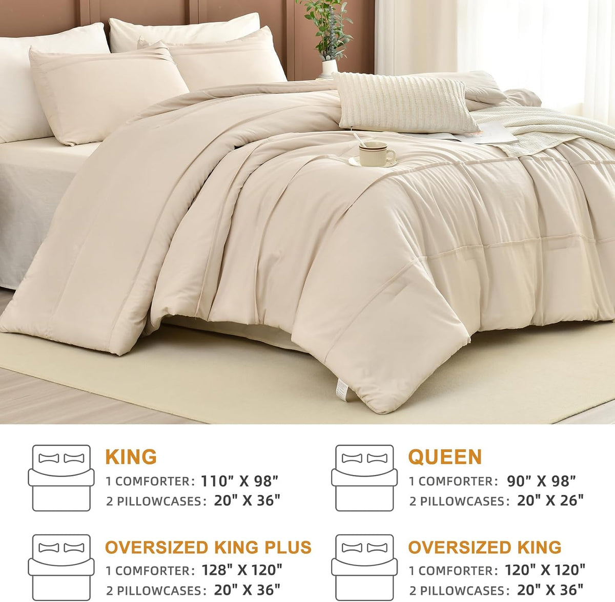 Masaca Oversized Comforter King Size(120'x120'),Soft Pinch Pleated Bedding Comforter Set,3 Pieces Wheat Colored California King Microfiber Boho Bedding Set for All Season