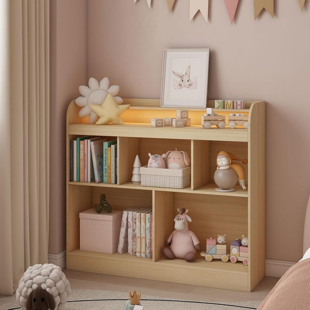 Lkeiyay Open Shelf Kids Bookcase,Montessori Toy Organizer with LED Lights - Oak Wooden Open Bookcase for Kids, Bedroom, Back to School,Playrooms & Nurseries