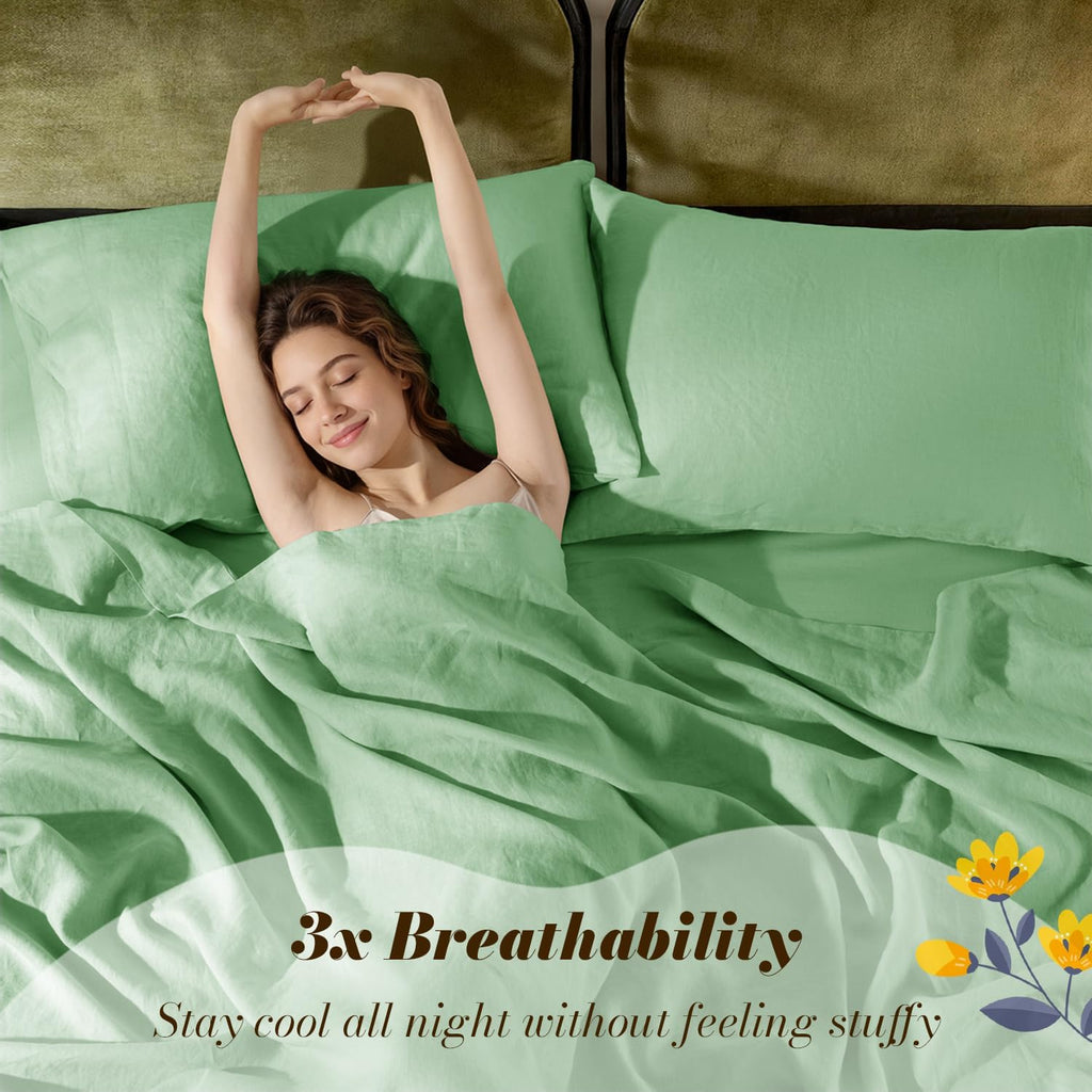 SONORO KATE 100% French Pure Linen Sheets, Breathable and Durable Linen King Size Sheets, Anti-Tear Linen Bed Sheets, Machine Washable, 16 Inch Deep Pocket - 4 Piece (Green, King)