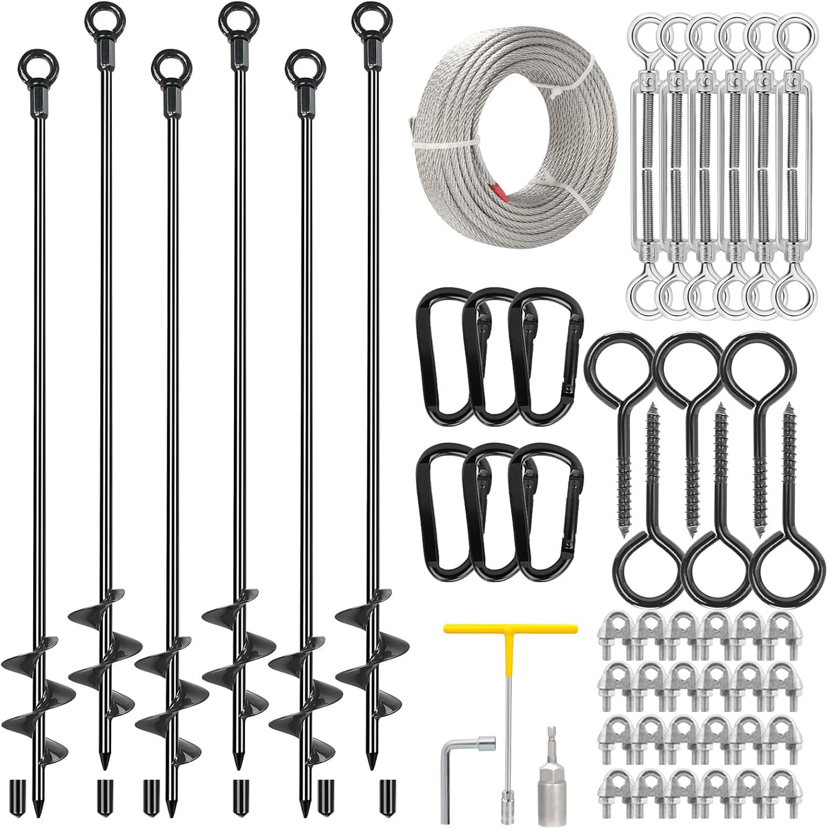6 Pcs 30' Ground Anchors Heavy Duty Shed Anchor Kit with 3/16 Galvanized Cable & Turnbuckles, Triple-Turn Helix Earth Anchors for Carport Canopy Gazebo Trampoline Swingset Mobile Home
