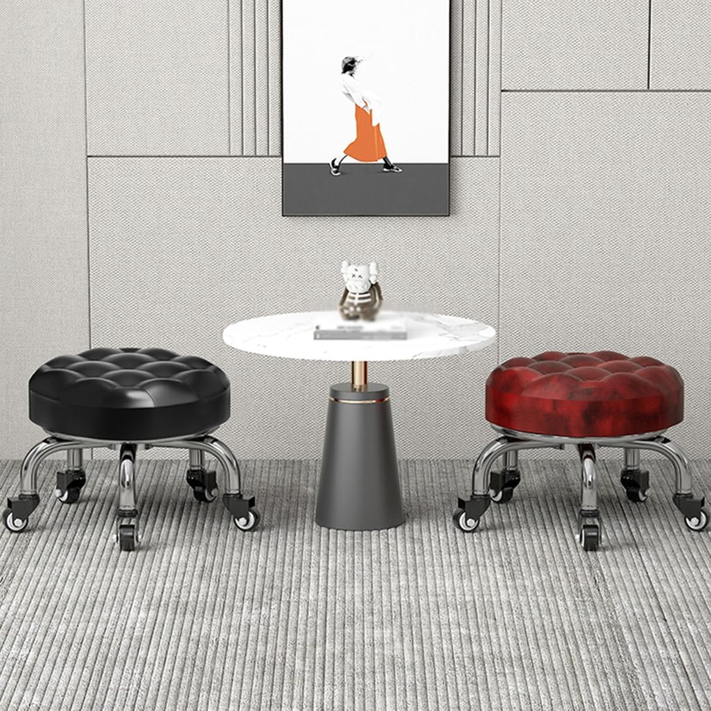 Heavy-Duty Low Roller Stool with 360° Swivel Wheels, Ottoman Footstool, Low-Height Short Rolling Stool Seat, PU Leather Small Mechanic Chair, Rolling Stools for Garage Brown