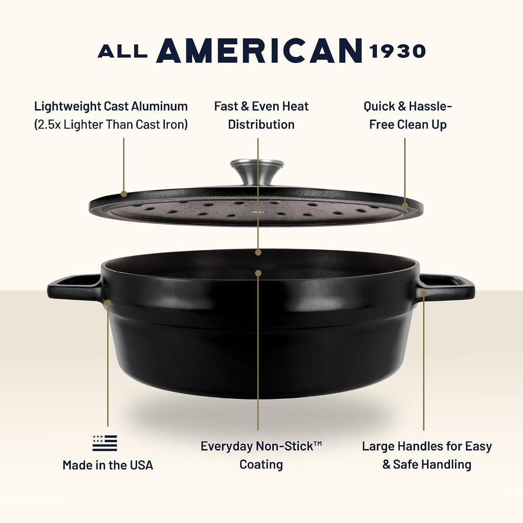 All American 1930 - Dutch Oven - The Saucier Set, Black Onyx - 5.5qt Capacity - Perfect for Sauces, Soups & Simmering - Non Stick & PFAS Free - Made in the USA