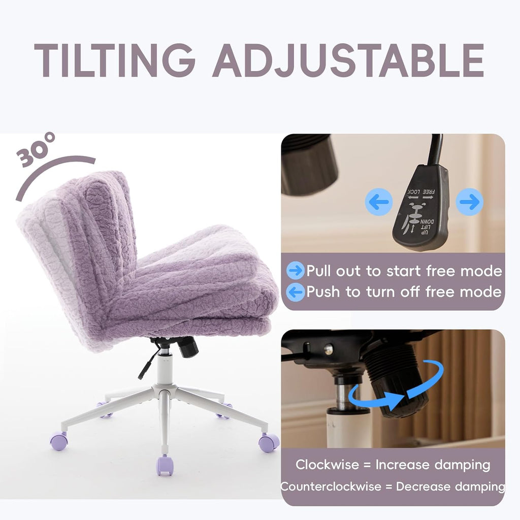 Upgraded Plush Faux Fur Criss Cross Office Vanity & Desk Chair with White Metal Base – Extra-Wide Seat & Tilt Backrest, Adjustable Swivel Makeup Chair for Bedroom, Study & Home Office, Lavender