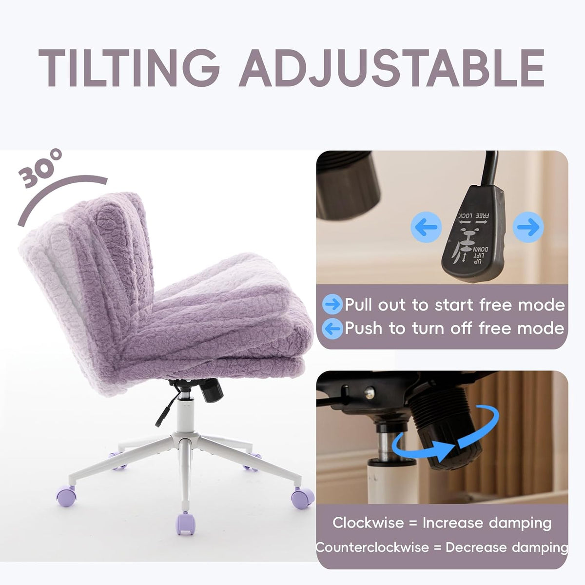 Upgraded Plush Faux Fur Criss Cross Office Vanity & Desk Chair with White Metal Base – Extra-Wide Seat & Tilt Backrest, Adjustable Swivel Makeup Chair for Bedroom, Study & Home Office, Lavender