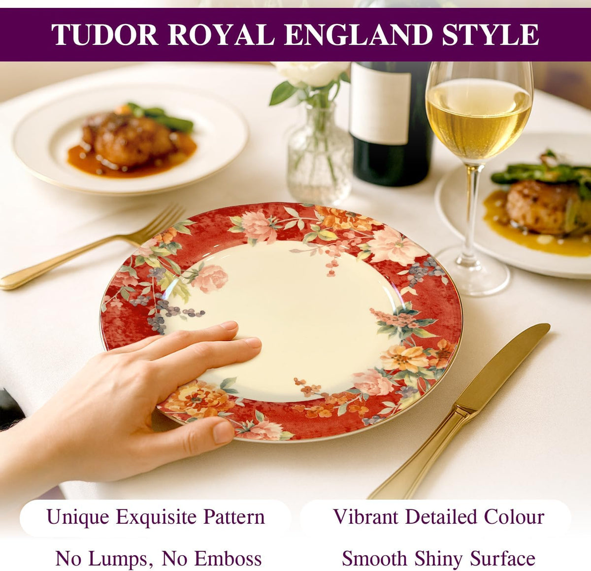 TUDOR Royal Collection 12-Piece Round Porcelain Dinnerware Set, Service for 4 with Dinner Plates, Bowls, and Salad Plates, Crimson Summer Floral Unique Design, Gloss Finish, Durable & Premium Quality