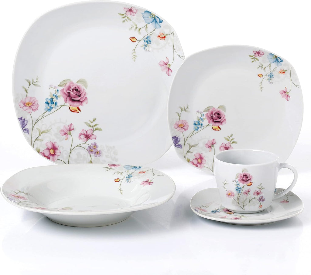 Stylish and Elegant 20 Pieces Porcelain Square Dinnerware Set Service for 4 People for Hosting Parties and Events - Small Floral Design