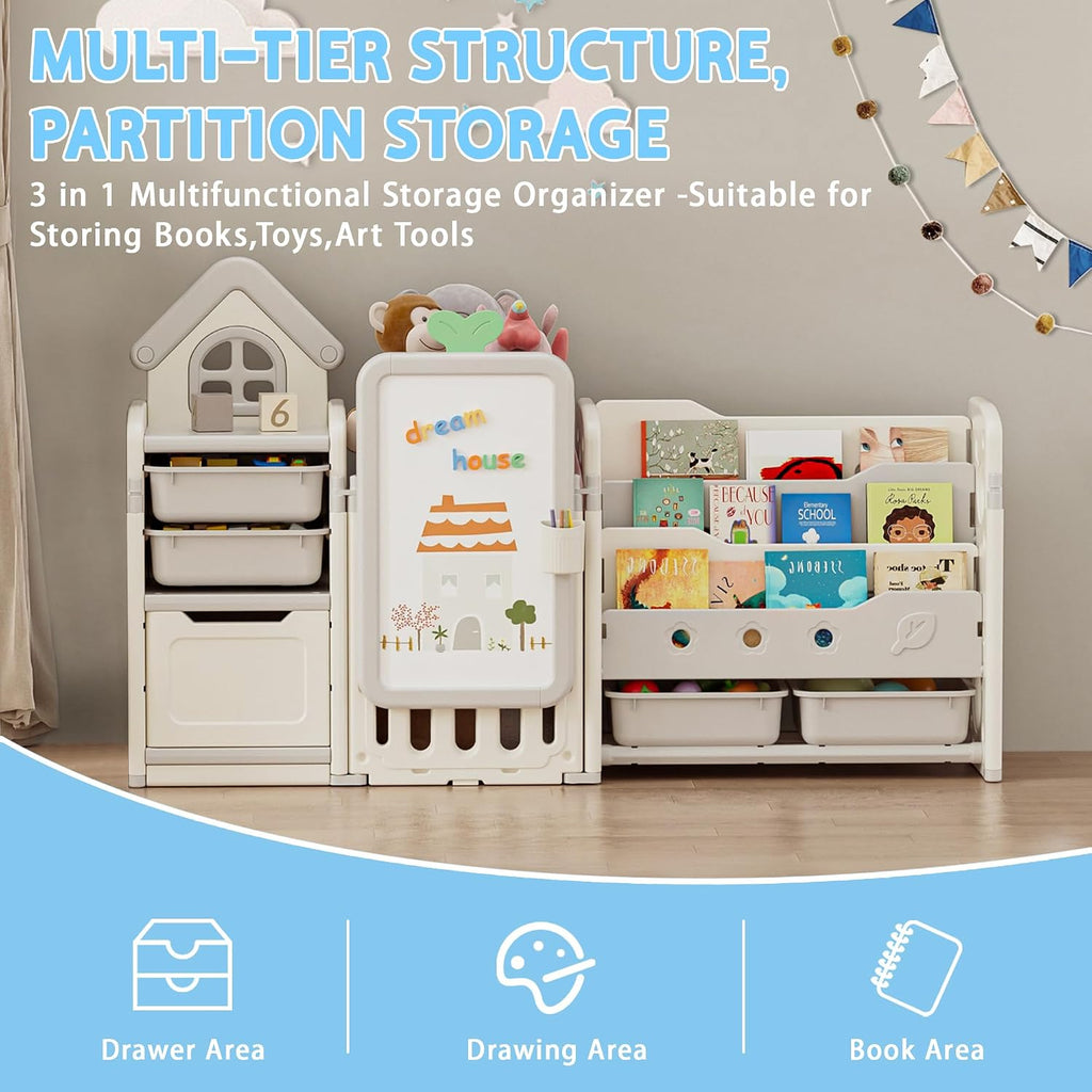 DEYGIA 3 in 1 Kids Toy Storage Organizer with Drawing Board, Foldable Multifunctional Toy Organizer with 4 Removable Bins and 3-Tier Bookshelf for Kids Bedroom Playroom Living Room, Off-White