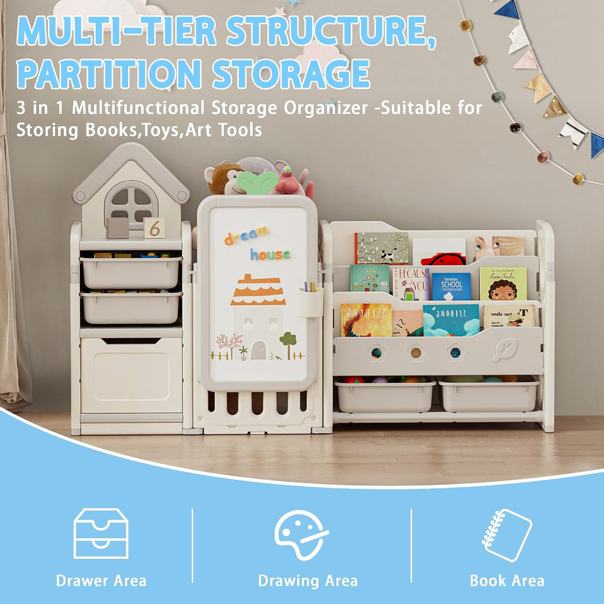 DEYGIA 3 in 1 Kids Toy Storage Organizer with Drawing Board, Foldable Multifunctional Toy Organizer with 4 Removable Bins and 3-Tier Bookshelf for Kids Bedroom Playroom Living Room, Off-White