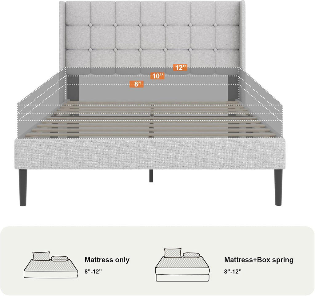 Full Size Bed Frame with Wingback Headboard, Velvet Upholstered Platform Bed Frame with Button Tufted Headboard, Wooden Slats Support, No Box Spring Needed, Easy Assembly, Light Grey