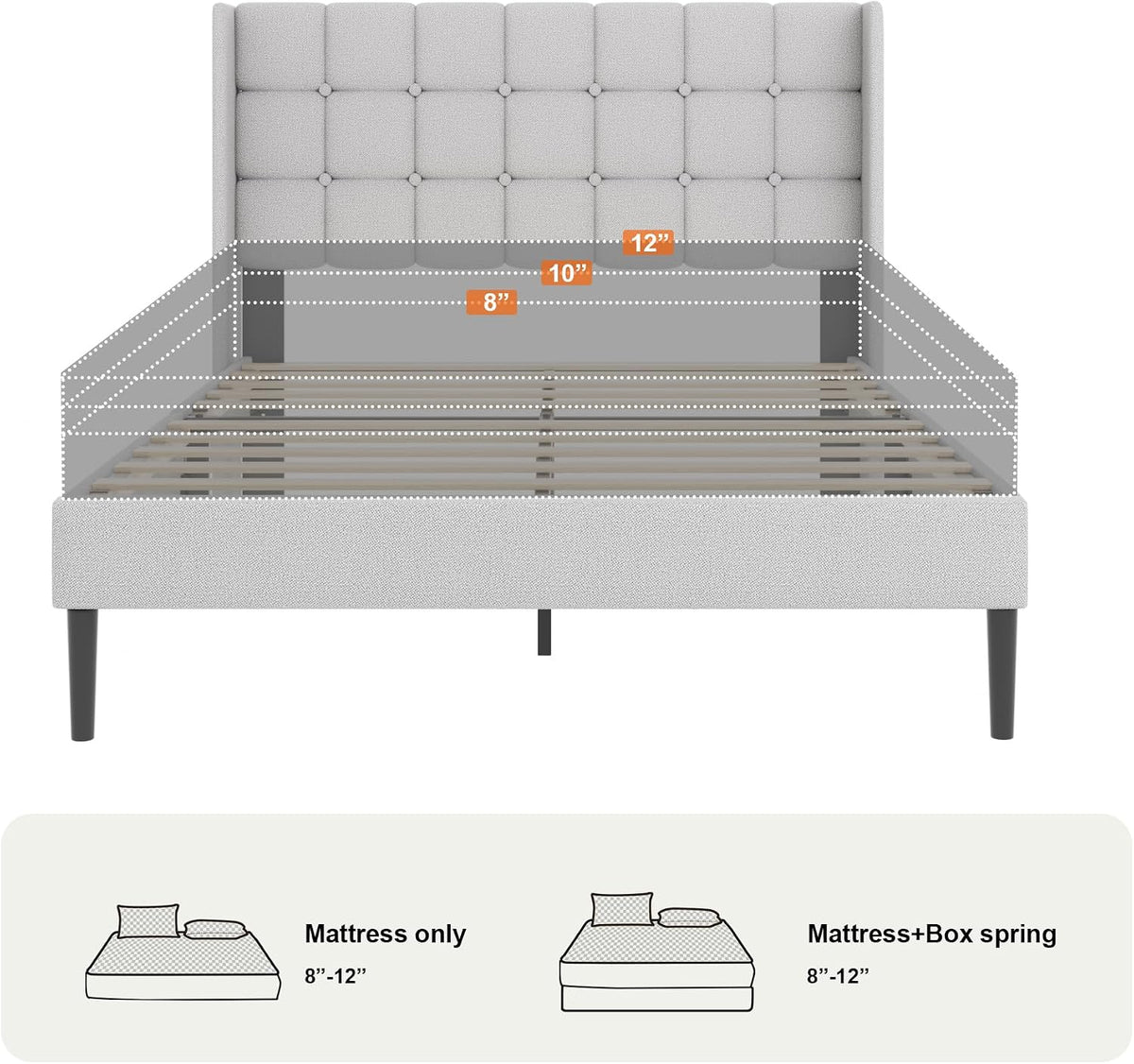 Full Size Bed Frame with Wingback Headboard, Velvet Upholstered Platform Bed Frame with Button Tufted Headboard, Wooden Slats Support, No Box Spring Needed, Easy Assembly, Light Grey