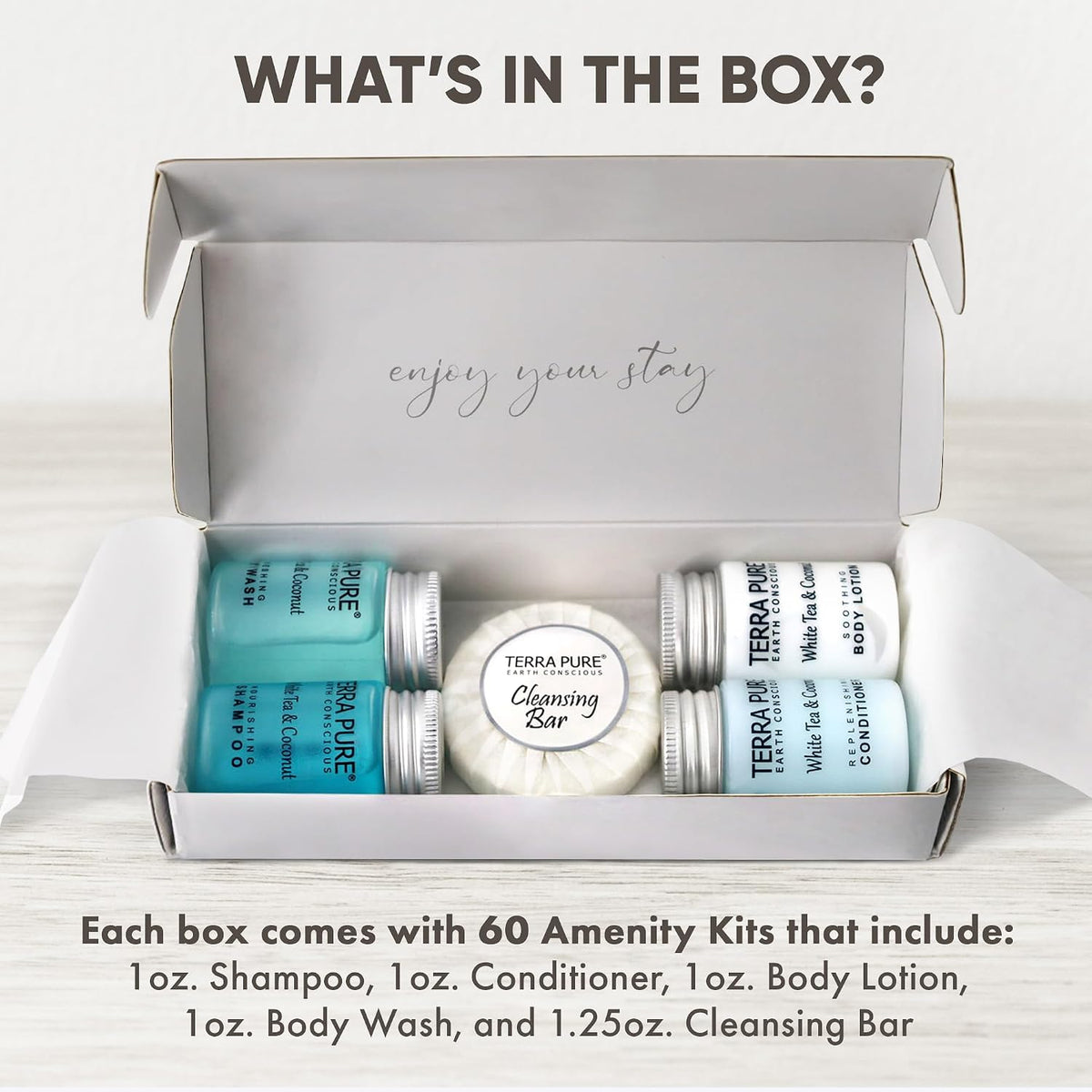 Terra Pure White Tea & Coconut Amenity Kit | Hotel Bulk Toiletries | 1 oz Shampoo, Conditioner, Lotion, Body Wash, Cleansing Bar for Guest Hospitality Vacation Rentals | 60 Sets/Case