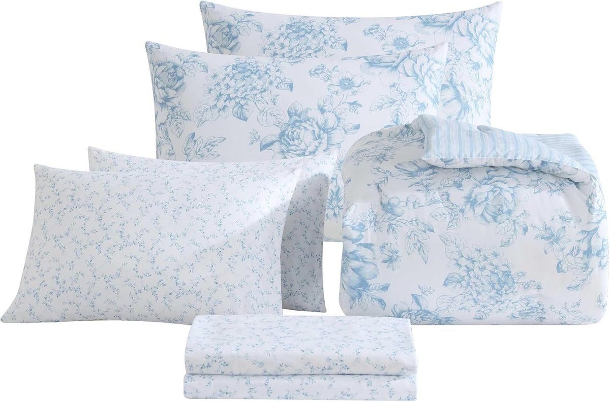 Laura Ashley - Queen Comforter Set, Soft & Reversible Floral Bedding with Bonus Bed Sheets & Pillowcases, 7 Piece Bed Set for Year Round Comfort (Delphine Saras/Sprig Blue)