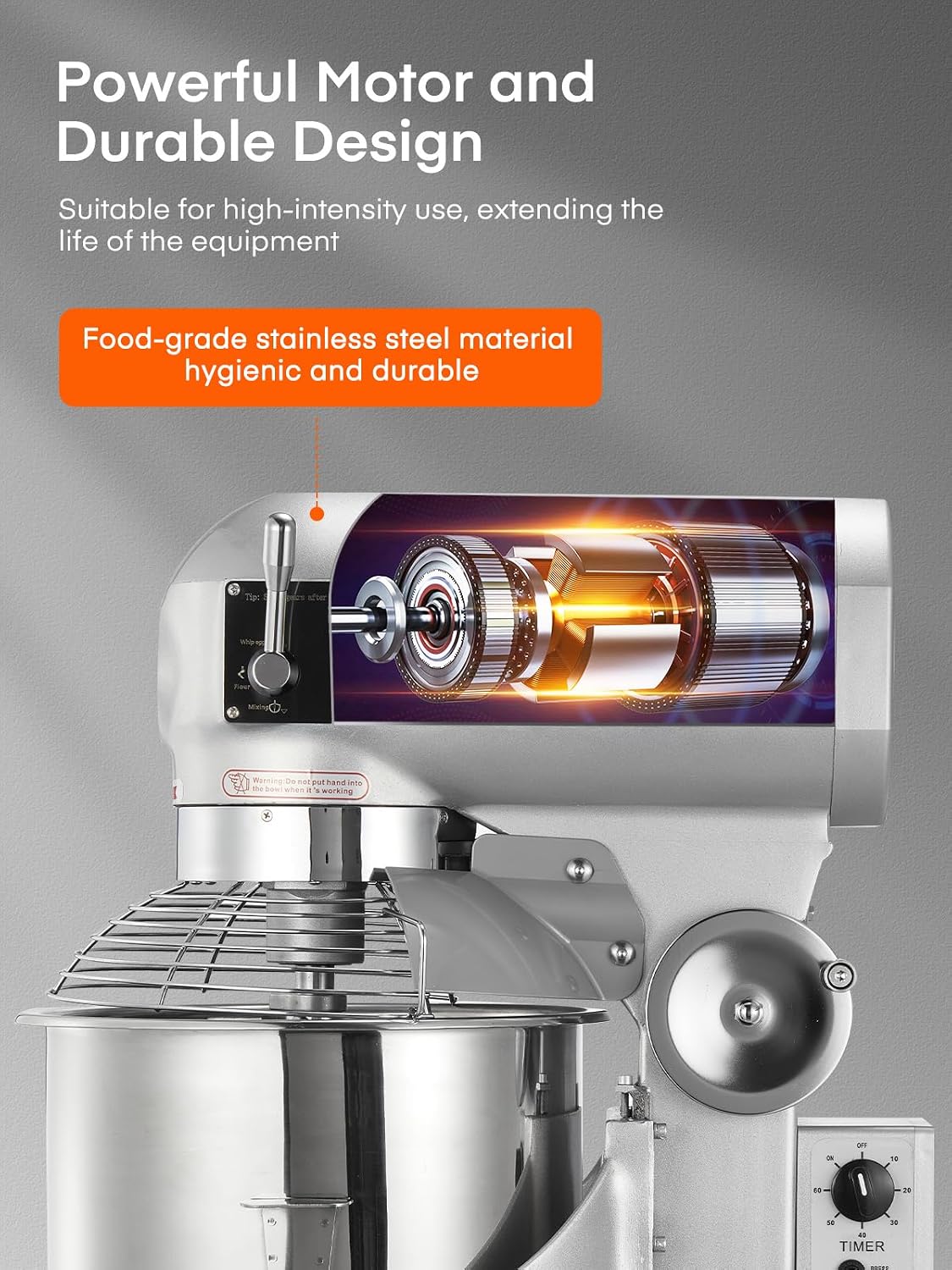 Commercial Mixer, Commercial Food Mixer, Dough Mixer with Stainless Steel Bowl, 3 Speeds Adjustable and Safety Guard, Dough Hook Whisk Beater Included, Ideal for Bakery Pizzeria, NO for Home(30QT)