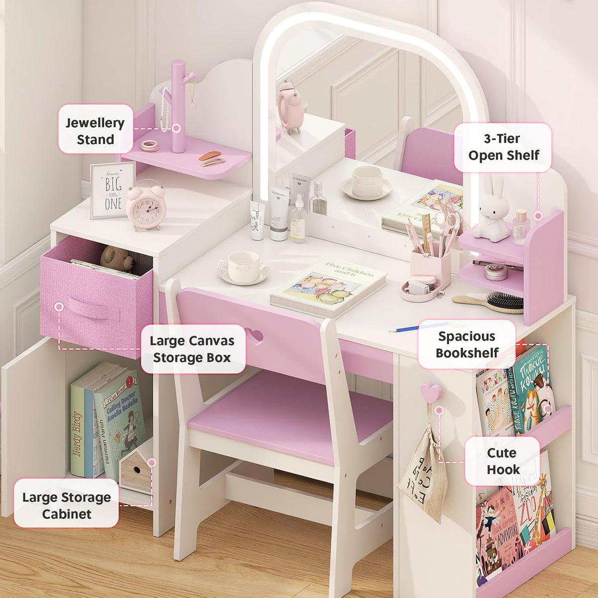 Frogprin Kids Vanity with Lights and Chair, Princess Makeup Vanity Desk with Mirror Bookshelf Storage Cabinet,3 in 1 Toddler Vanity Table Makeup Dressing Table, Pretend Play Vanity Set for Little Girl