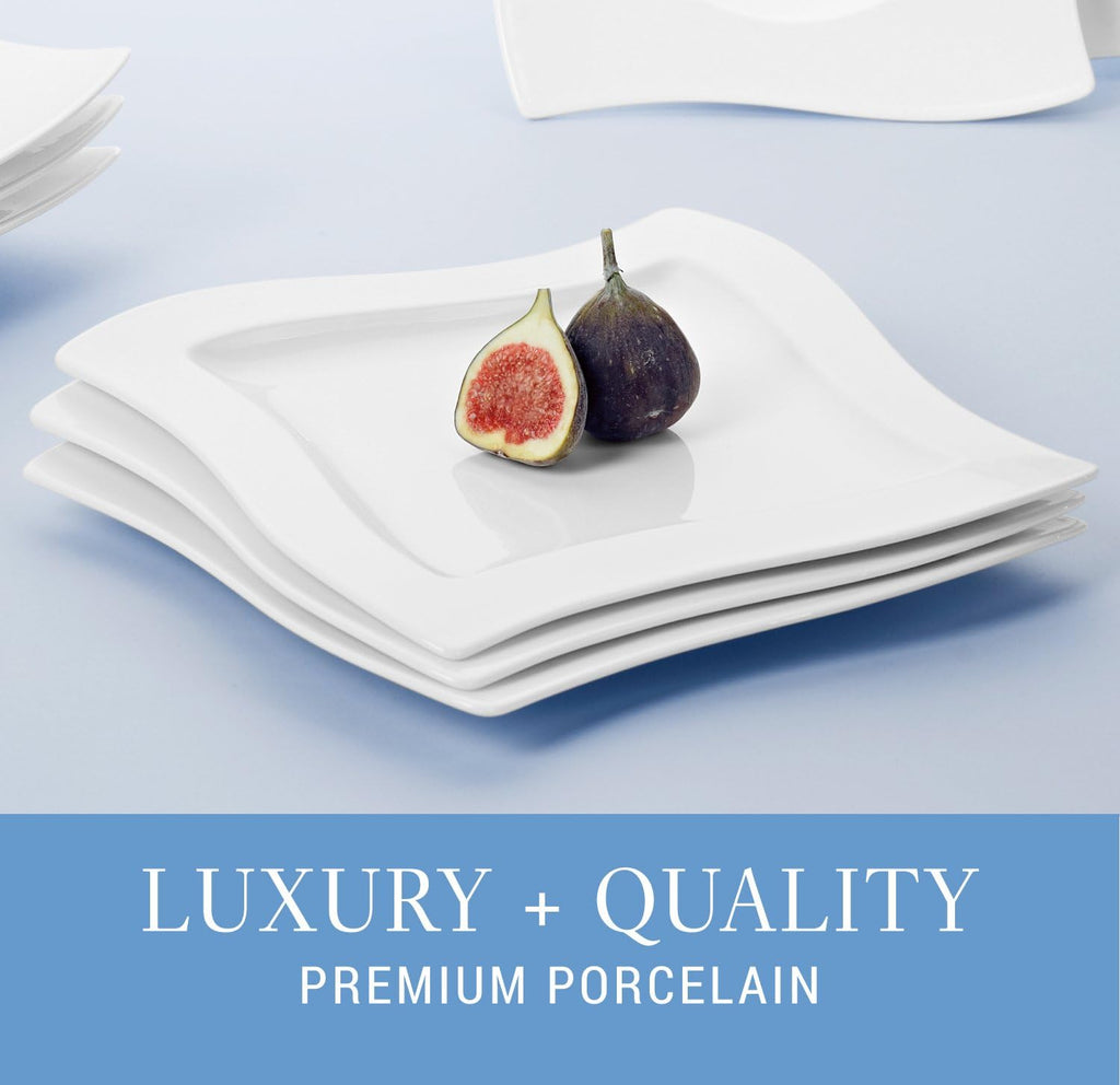 Villeroy & Boch NewWave Collection Square Salad Plates, Set of 4, 9.5 x 9.5 x 1 in, 6.25 in inner, Premium Porcelain, Made in Germany, Rich, Creamy White