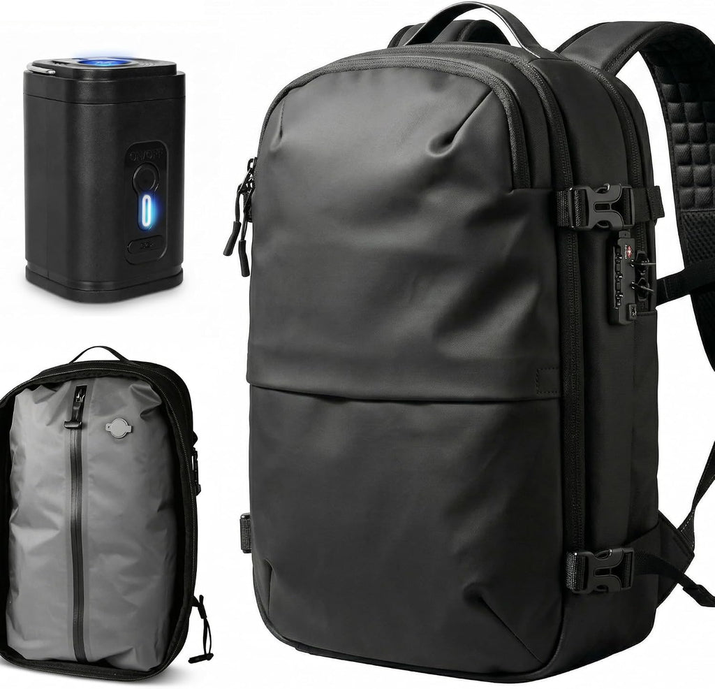 Expandable Vacuum Travel Backpack with Compression System & Pump | 60L Carry On Backpack with TSA Lock, Laptop Sleeve & Water Resistant Shell | Black
