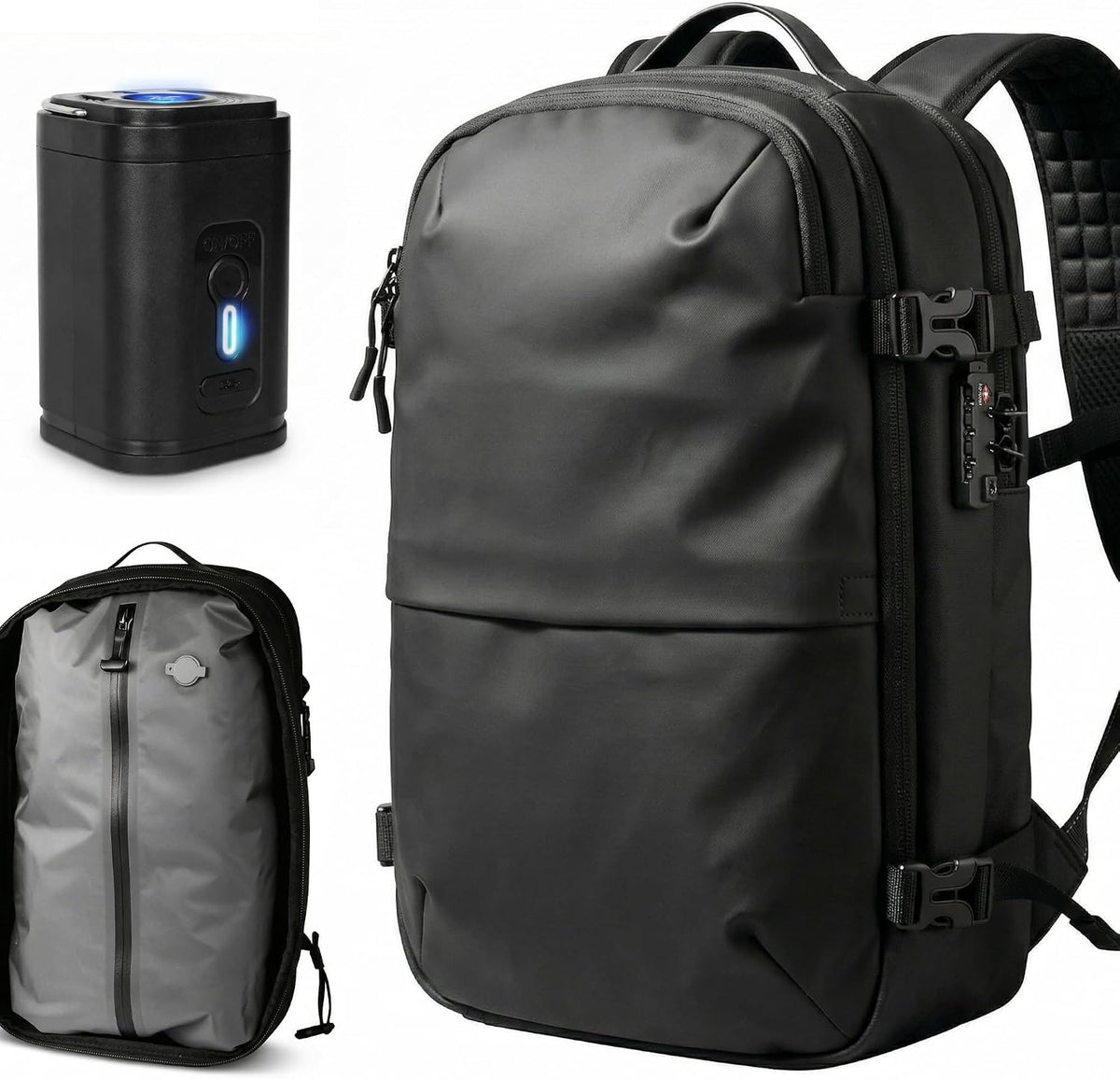 Expandable Vacuum Travel Backpack with Compression System & Pump | 60L Carry On Backpack with TSA Lock, Laptop Sleeve & Water Resistant Shell | Black