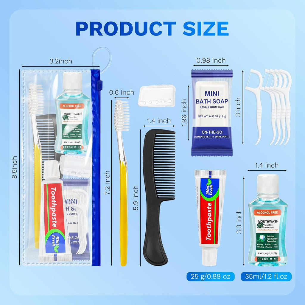 Personal Hygiene Kit Bulk Pack of 100,Yellow Basic Travel Toiletry Set Disposable Toothbrushes with Toothpaste Mouthwash Floss Comb Cover and Zip Bag for Homeless,Charity,Guests