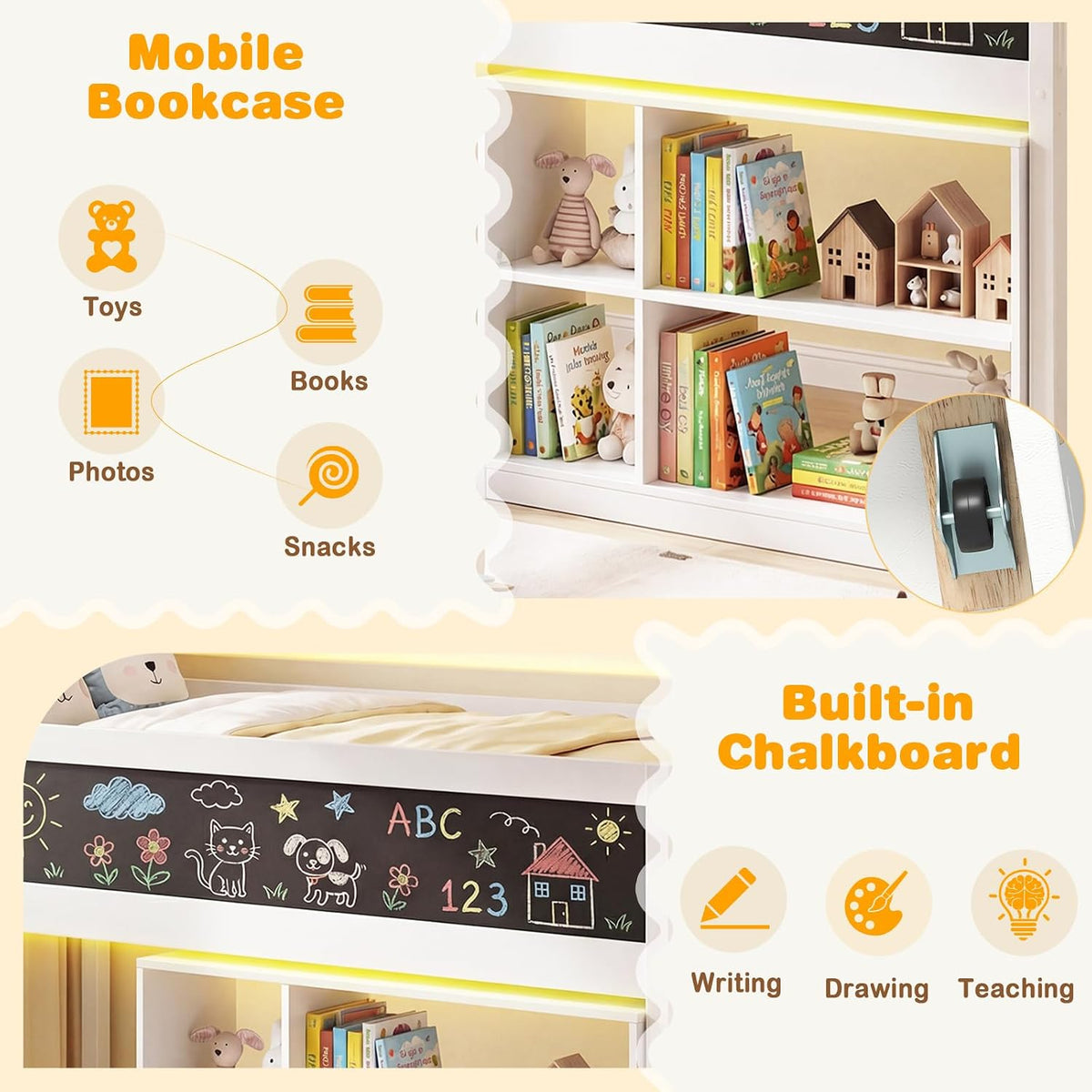 Giantex Low Loft Bed with LED Lights, Twin Size Bed Frames for Kids w/Chalkboard, Removable Bookcase & Under-Bed Storage Space, Wood Loft Beds with Stairs, Safety Guardrail for Girls Boys (White)