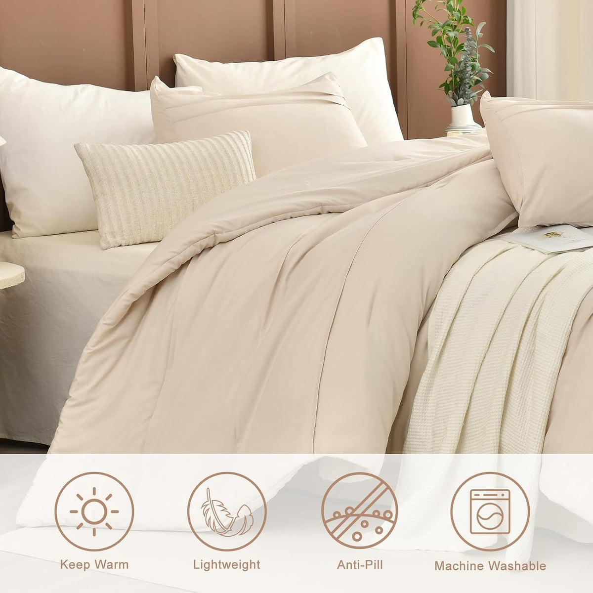 Masaca Oversized Comforter King Size(120'x120'),Soft Pinch Pleated Bedding Comforter Set,3 Pieces Wheat Colored California King Microfiber Boho Bedding Set for All Season