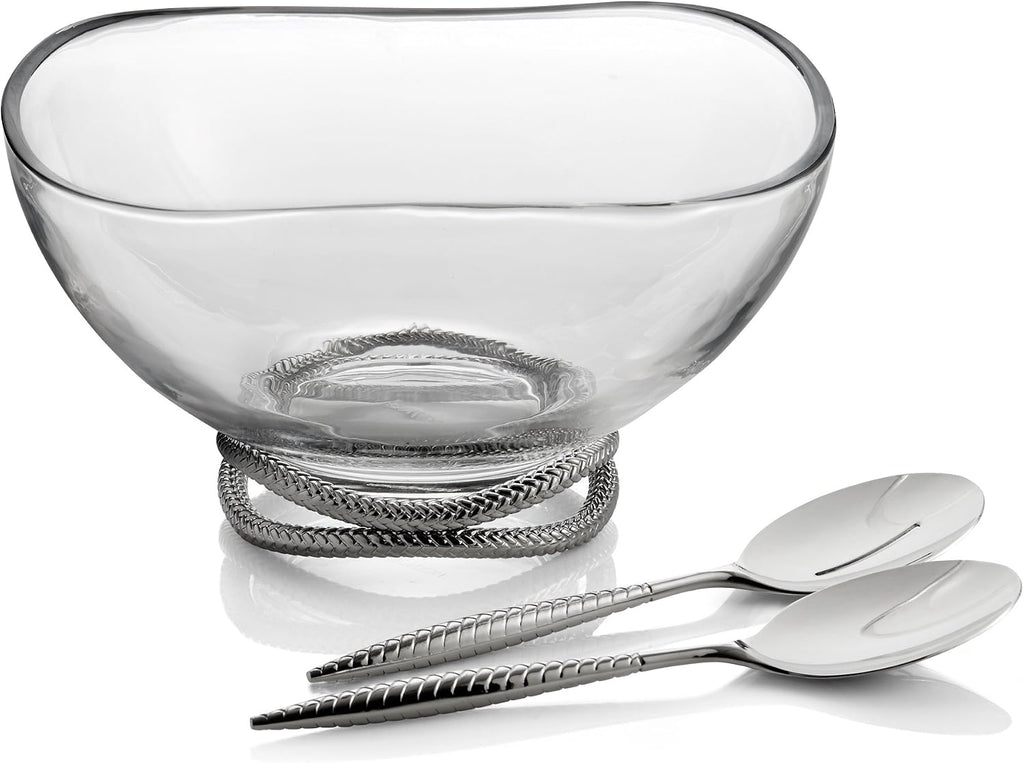 nambe Braid Glass Salad Bowl with Servers | Large 12-Inch Mixing and Serving Dish | Thick Glass Bowl for Salads, Fruit, and More | Stainless Steel Serving Spoons | Dishwasher Safe