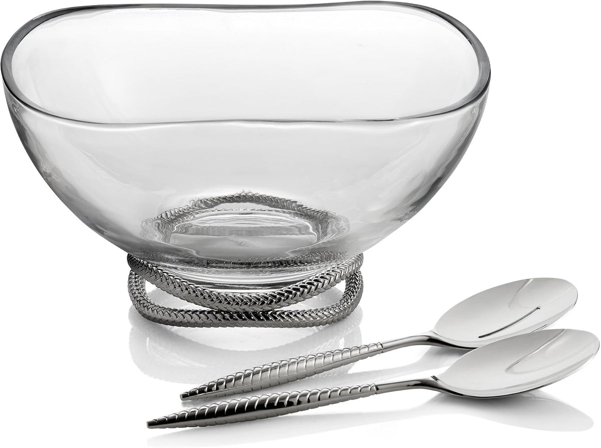 nambe Braid Glass Salad Bowl with Servers | Large 12-Inch Mixing and Serving Dish | Thick Glass Bowl for Salads, Fruit, and More | Stainless Steel Serving Spoons | Dishwasher Safe