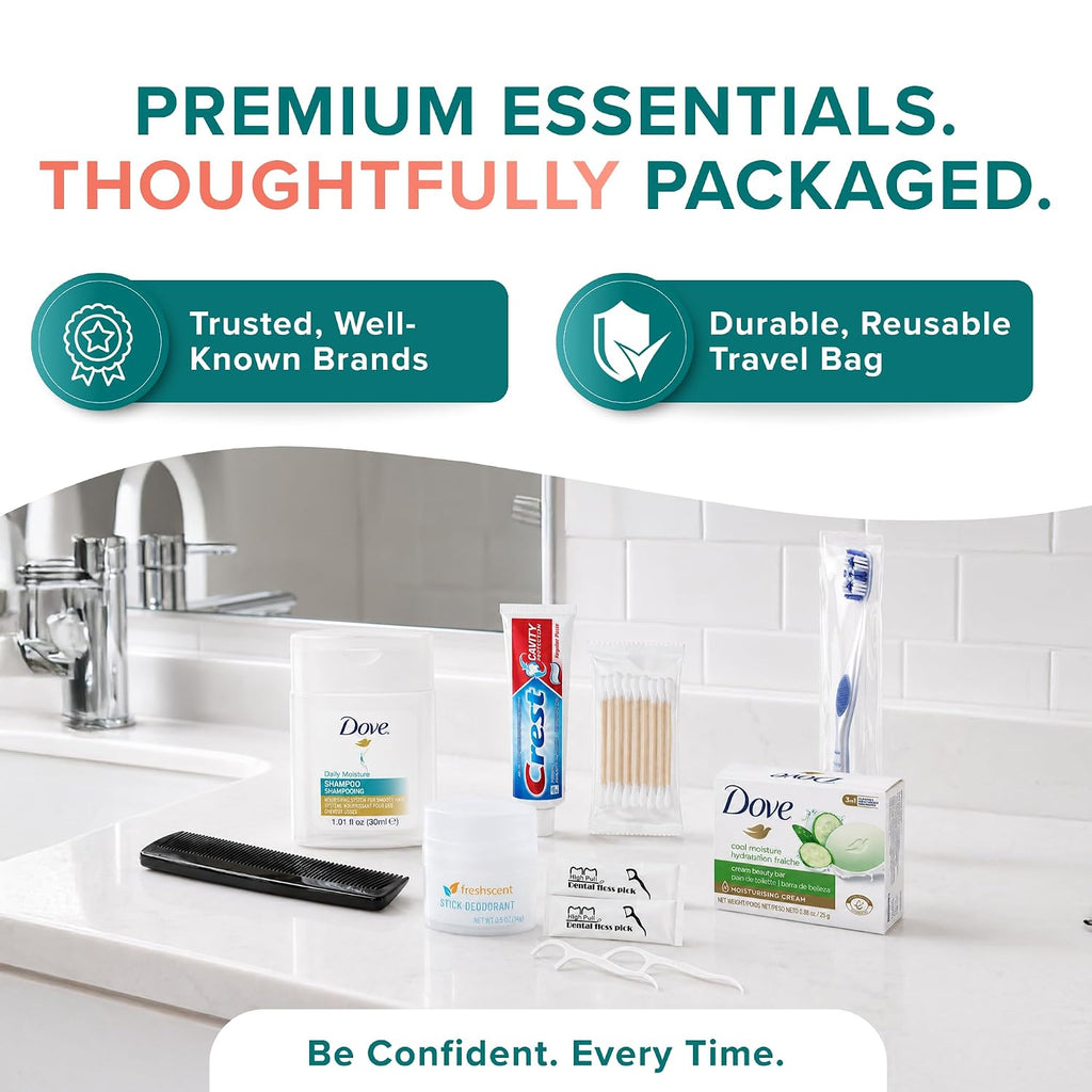 Stuhrling Bottle TrekTote Bulk 10 Piece Hygiene Kit Travel Size Toiletries Kit, Care Package, Mini Deodorant Shampoo Toothbrush Toothpaste, Clear 50 Pack