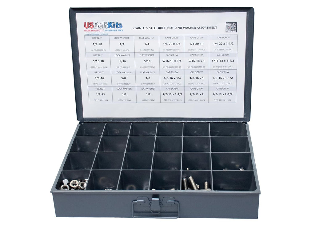 1250 Piece Stainless Steel Hex Head Cap Screw (Bolt), Nut, and Washer Assortment 18-8 Coarse Thread Set