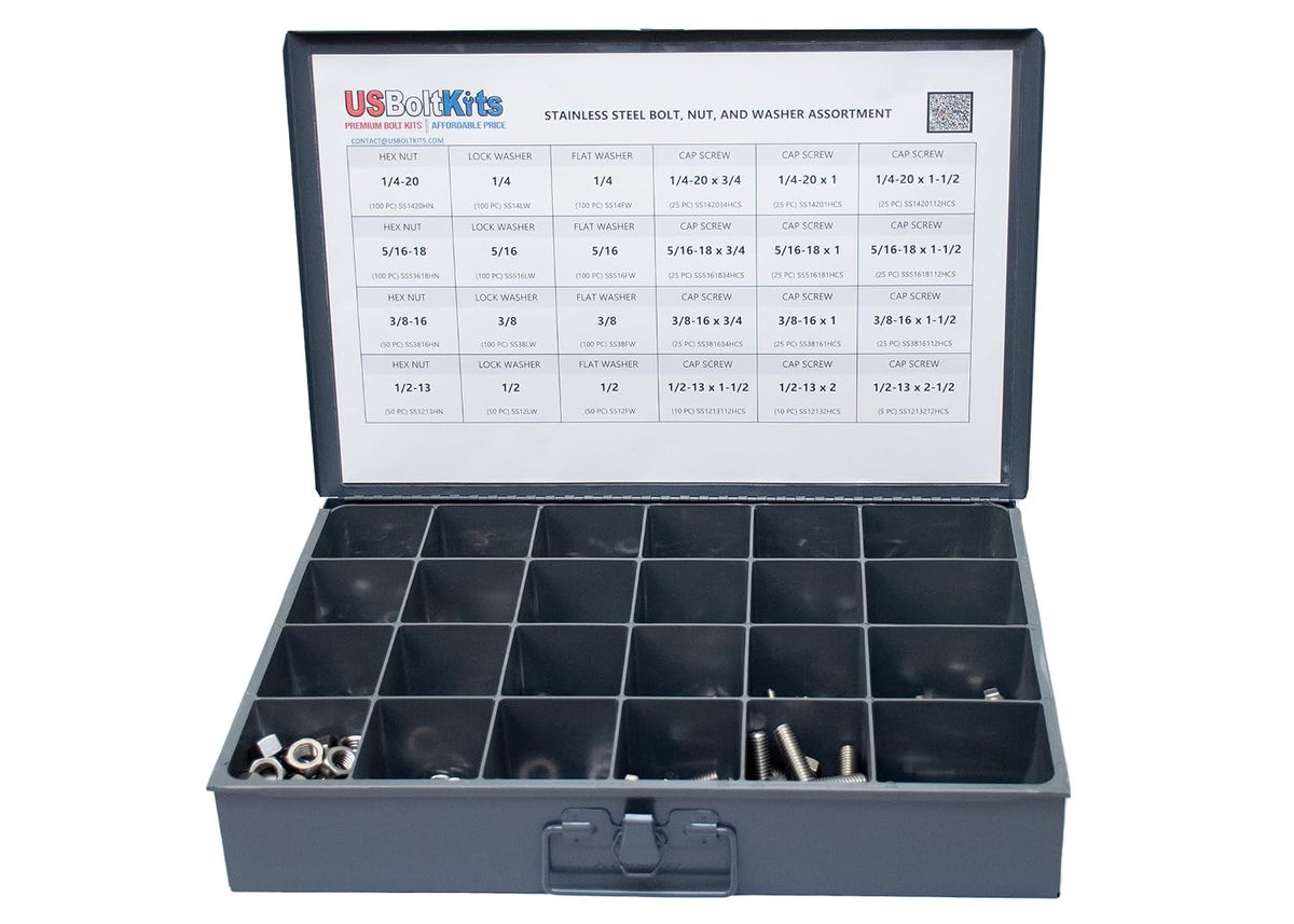 1250 Piece Stainless Steel Hex Head Cap Screw (Bolt), Nut, and Washer Assortment 18-8 Coarse Thread Set