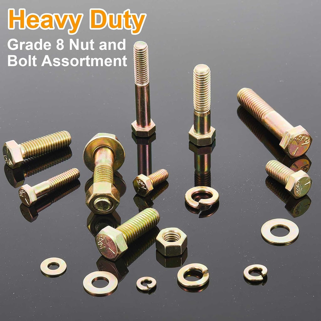 Blulu 2, 510 Pcs Grade 8 Bolts and Nuts Kit, 1/4-20, 5/16-18, 3/8-16, 7/16-14, 1/2-13 Heavy Duty Nut and Bolt Assortment to Suit Various Fastening Scenarios,Fasteners Only(Zinc Yellow)