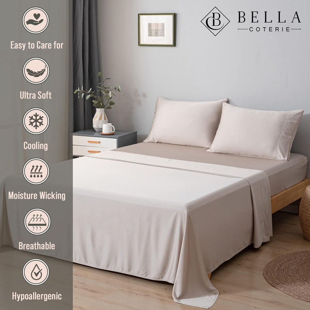 Bella Coterie Luxury Bamboo Viscose King Size Sheet Set | 100% Organically Grown | Ultra Soft | Cooling for Hot Sleepers | 18' Deep Pocket [Dune]