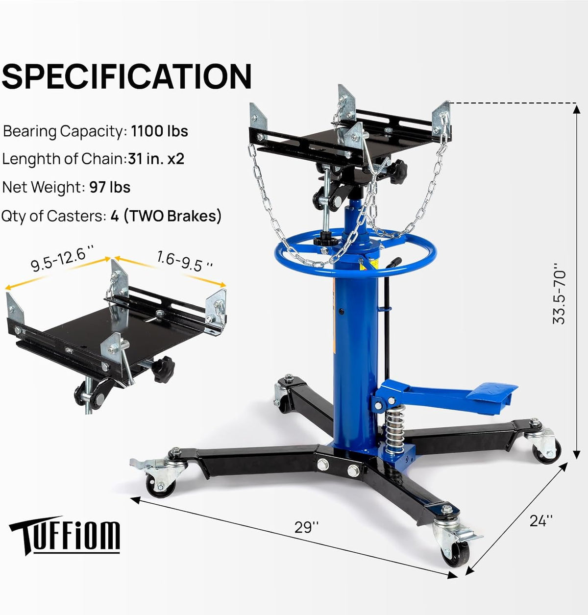 TUFFIOM Transmission Jack, 1100 lbs 1/2Ton Hydraulic 2-Stage High Lift Vertical Telescoping Floor Jack Stand, 34' to 68' Lifting Range, w/Pedal, 360° Swivel Wheels, Garage/Shop Lift Hoist, Blue